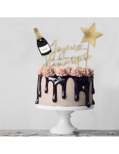 LOT DE 3 TOPPER CAKE JOYEUX ANNIVERSAIRE DORE + BOUTEILLE + ETOILE .